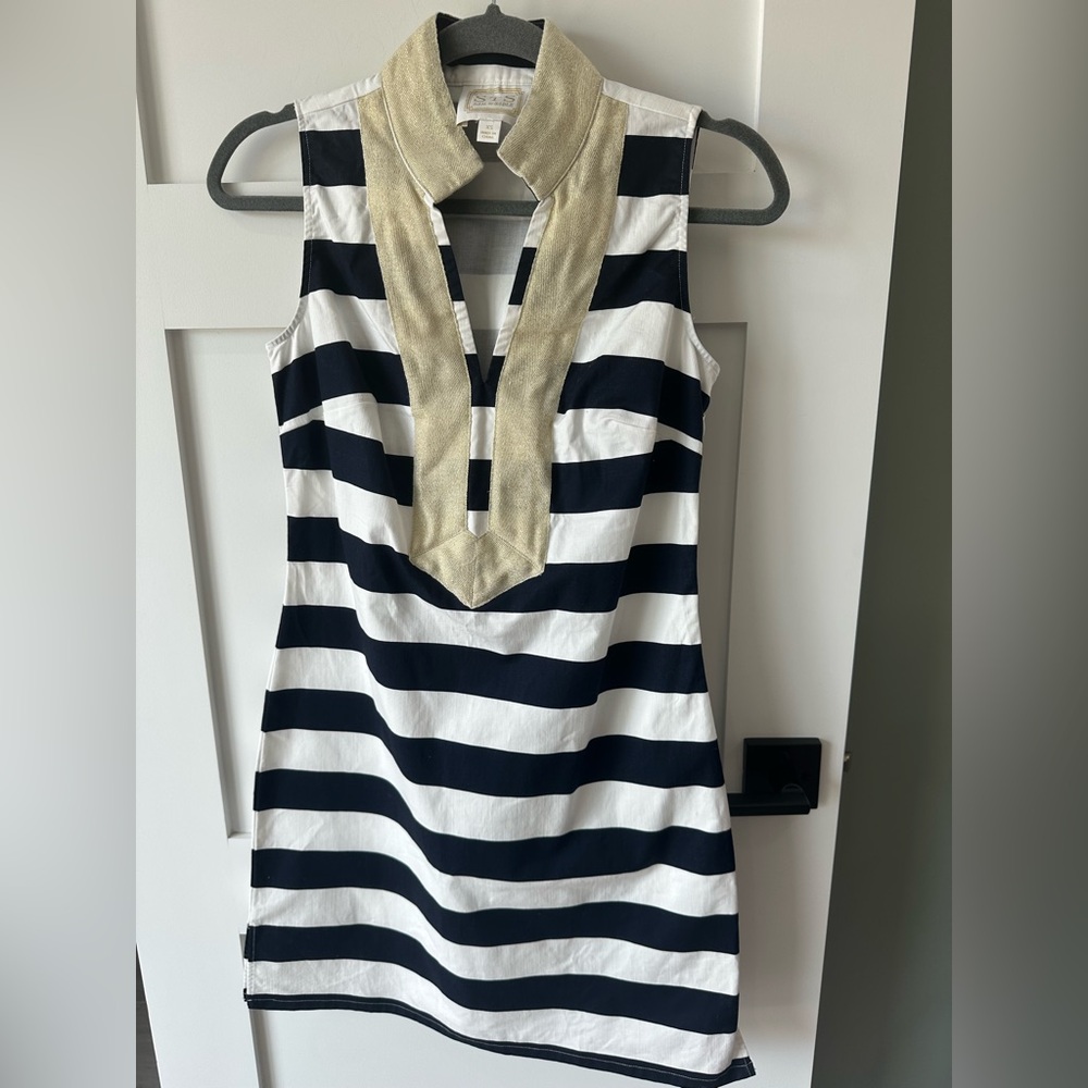 Sail To Sable Sleeveless Knee Length Dress Womens Size XS Blue White Stripe Gold